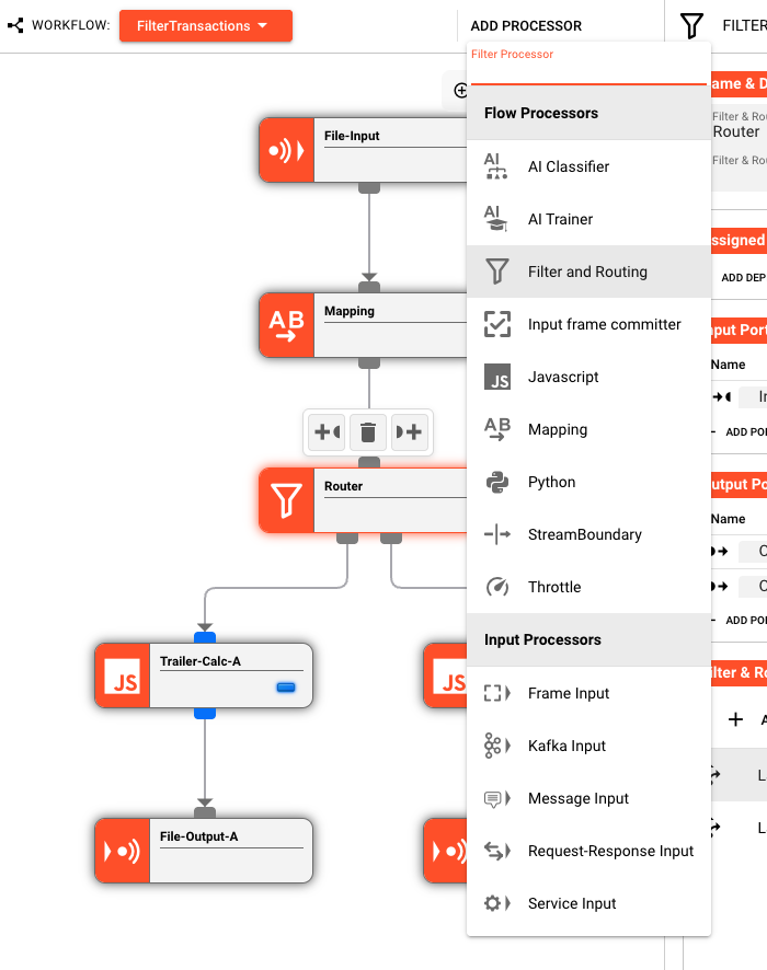 ADD PROCESSOR dropdown showing available processor types organized by category