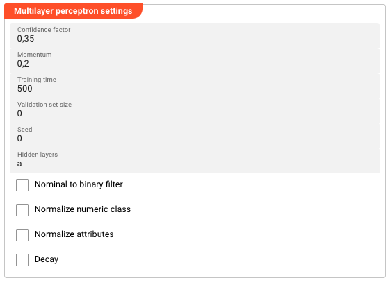 Multilayer Perceptron Settings — neural network training parameters