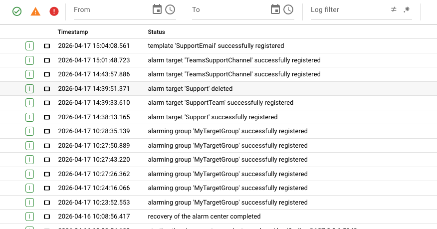 Alarm Center Log tab showing runtime events with timestamps and status messages