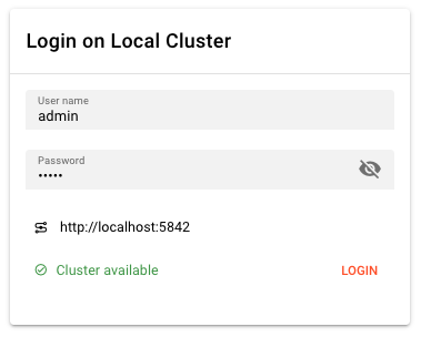 Cluster Login panel showing "Cluster available" status with green checkmark and active Login button