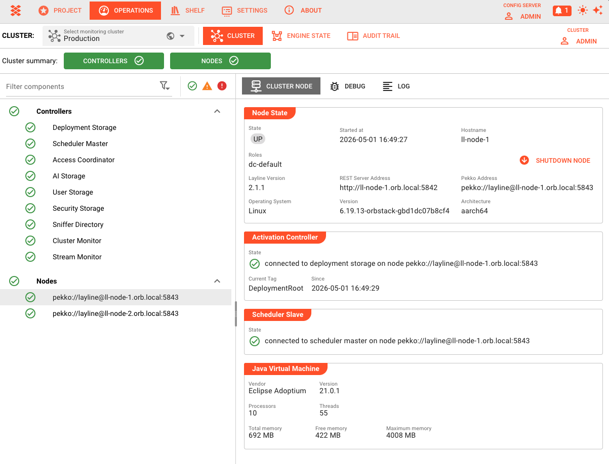 Cluster monitoring page showing Controllers and Nodes sections, with detailed node information panel for ll-node-1 including state, roles, version, and JVM metrics