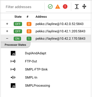 Middle panel showing cluster nodes and processor states for a selected workflow