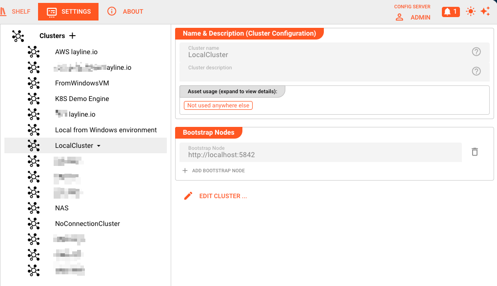 Cluster Storage page showing the left panel with cluster list and the right panel with selected cluster details