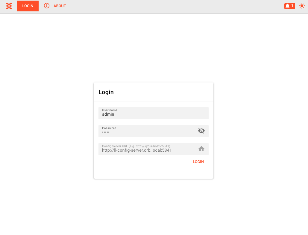 Configuration Center login page with username, password, and Config Server URL fields