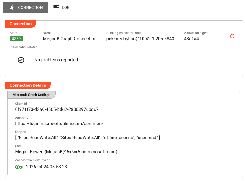 Connection State view showing the Connection tab with Microsoft Graph connection details including state badge, initialization status, and connection-specific configuration