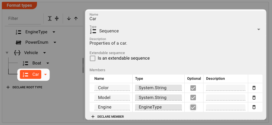 Car Element Declaration (Format Data Dictionary)