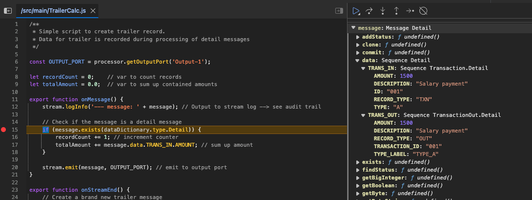 Debugger paused at a breakpoint showing the highlighted line and the Scope panel with message data including TRANS_IN and TRANS_OUT fields