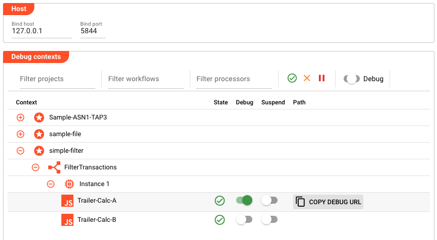 Debug tab showing Host configuration with Bind host set to 127.0.0.1 and Bind port set to 5844, plus the Debug contexts section