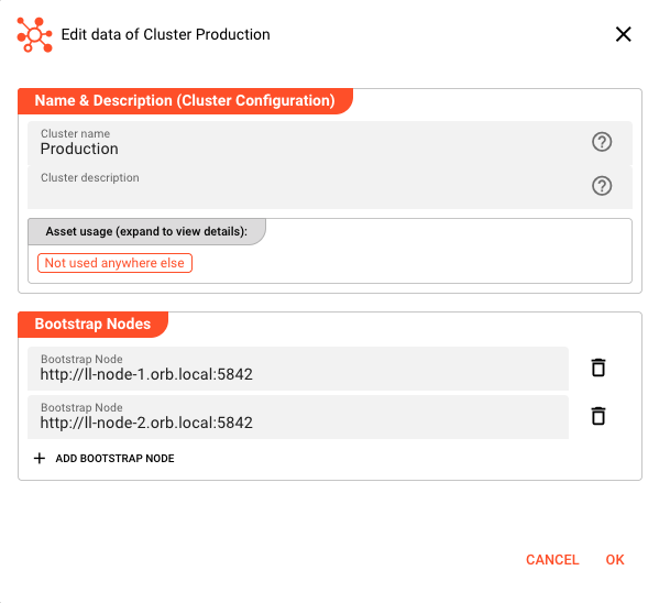 Edit Cluster dialog showing Name &amp; Description section with "Production" cluster name and Bootstrap Nodes list with ll-node-1 and ll-node-2 URLs