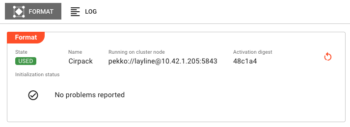 Format State detail view showing Format tab with Cirpack format in USED state, including cluster node, activation digest, and initialization status