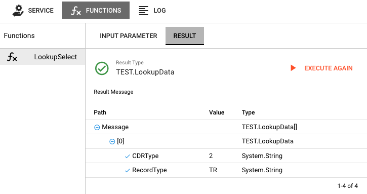 Result tab showing successful function execution with result data