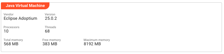 Java Virtual Machine panel showing vendor, version, processors, threads, and memory statistics