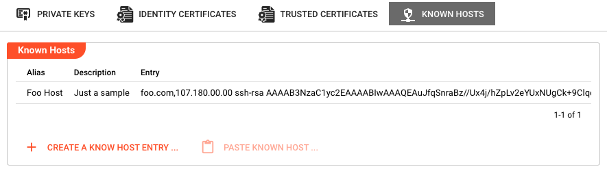 Known hosts tab showing the table with Alias, Description, and Entry columns, plus Create/Paste buttons
