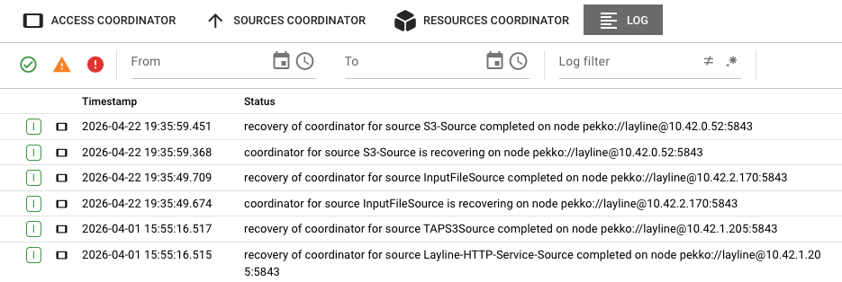 Access Coordinator Log tab showing live log with timestamps and coordinator recovery events