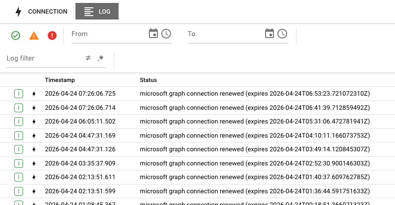 Connection Log tab showing Microsoft Graph connection renewal events with timestamps and expiration details