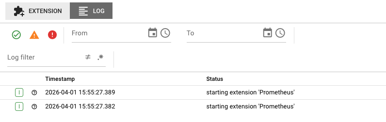 Extension Log tab showing runtime log entries with timestamps, severity indicators, and lifecycle events including extension startup messages
