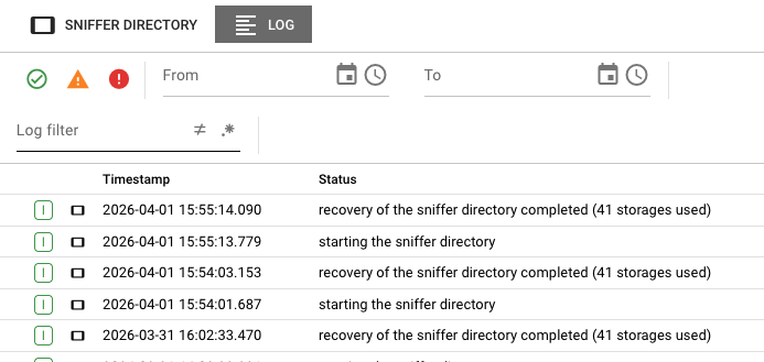 Sniffer Directory Log tab showing timestamped events including "recovery of the sniffer directory completed" and "starting the sniffer directory" entries, with From/To date filters and status indicators