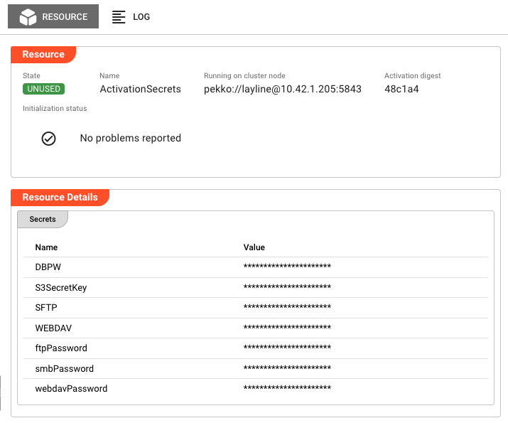 Resource State detail view showing an ActivationSecrets resource in UNUSED state with secrets table displaying masked values (DBPW, S3SecretKey, SFTP, etc.)