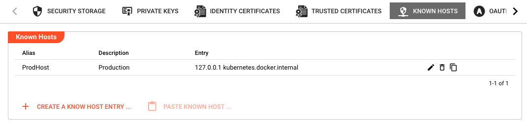Known hosts tab showing the table with Alias, Description, and Entry columns, with one example entry for ProdHost