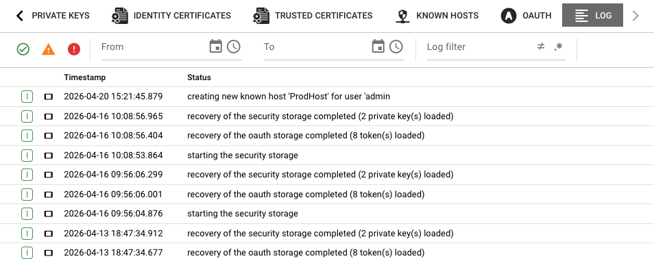 Log tab showing the live log stream from the security storage controller with timestamped entries