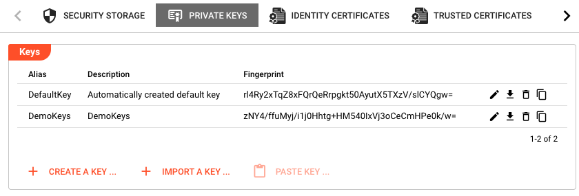 Private Keys tab showing the key table with Alias, Description, and Fingerprint columns, and the Create, Import, and Paste buttons
