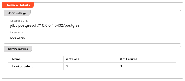 Service Details section showing JDBC settings and service metrics