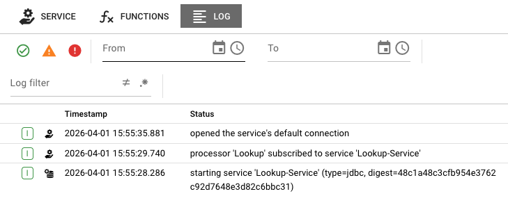 Service Log tab showing timestamped entries with service lifecycle events