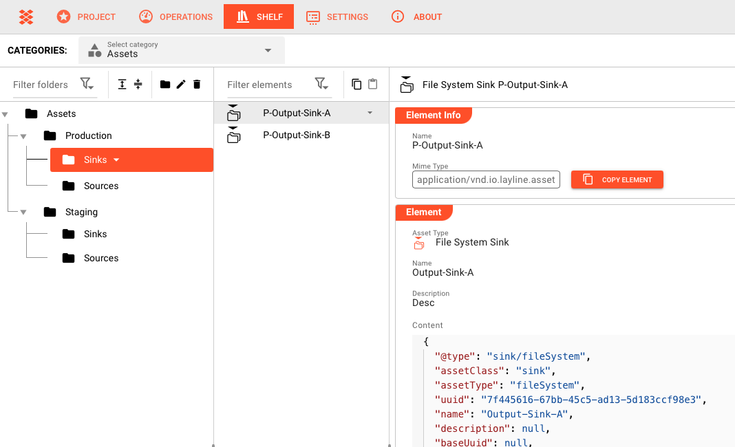 Shelf three-panel layout showing Categories sidebar, Folders list, and Element details