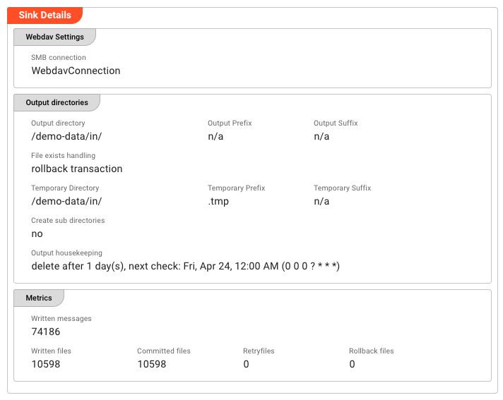 Sink details panel showing WebDAV connection settings and file metrics