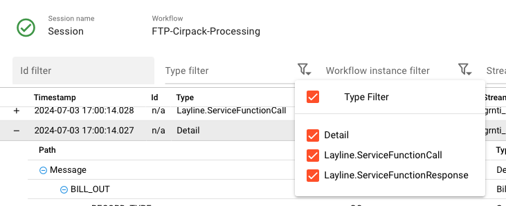 Sniffer session message filters showing Id, Type, Workflow instance, Stream, and Location filter dropdowns