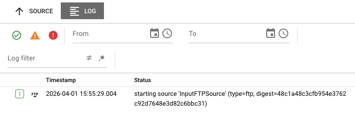 Source Log tab showing timestamped entries with source lifecycle events including startup messages