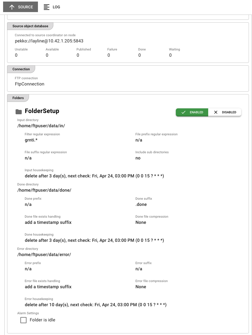 Source State view showing FTP source with object database, connection details, folder setups, and alarm settings