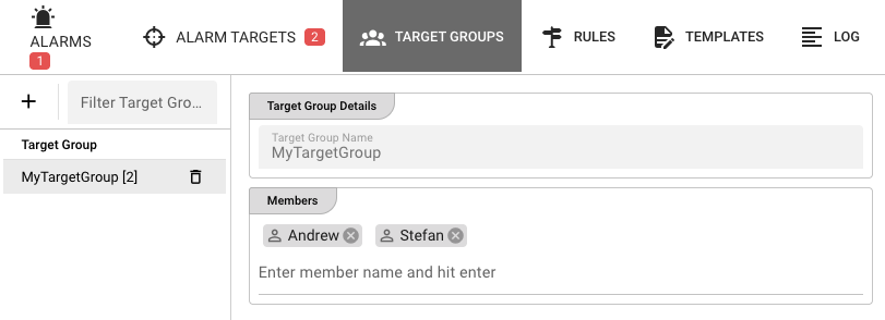 Target Groups tab showing MyTargetGroup with members Andrew and Stefan