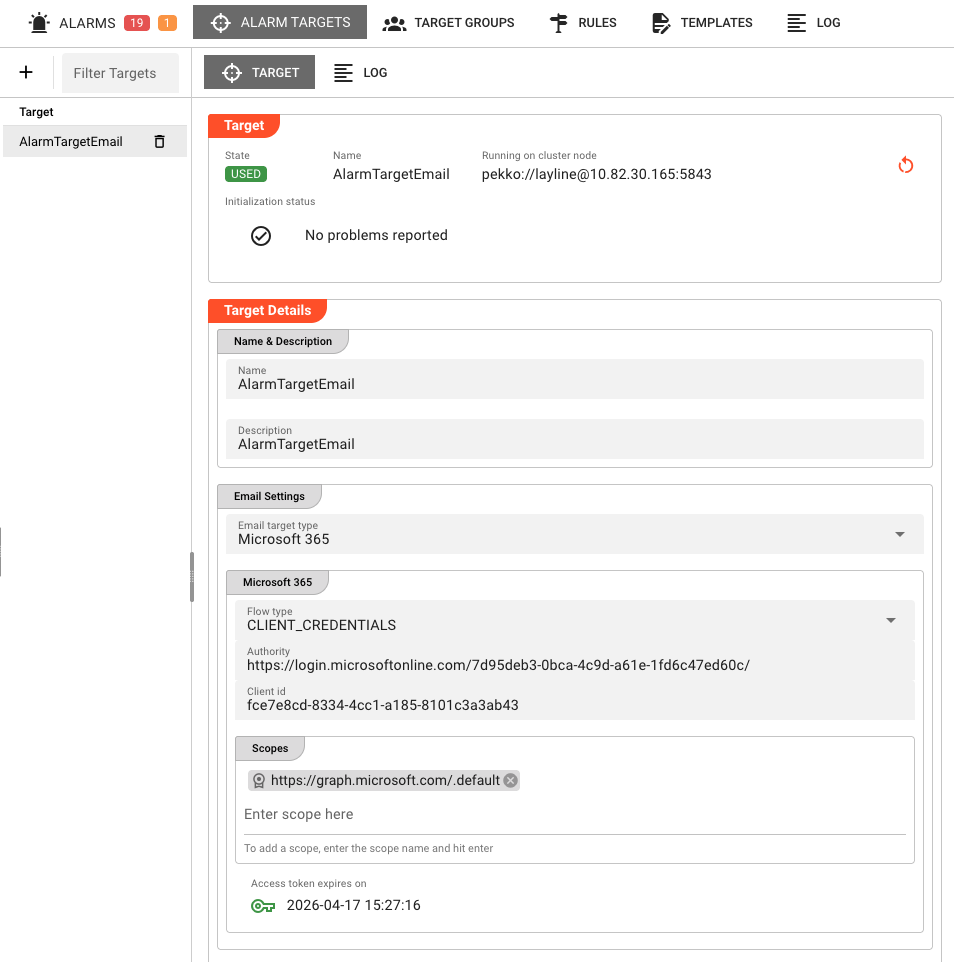 Alarm Targets tab with an MS 365 Email target selected