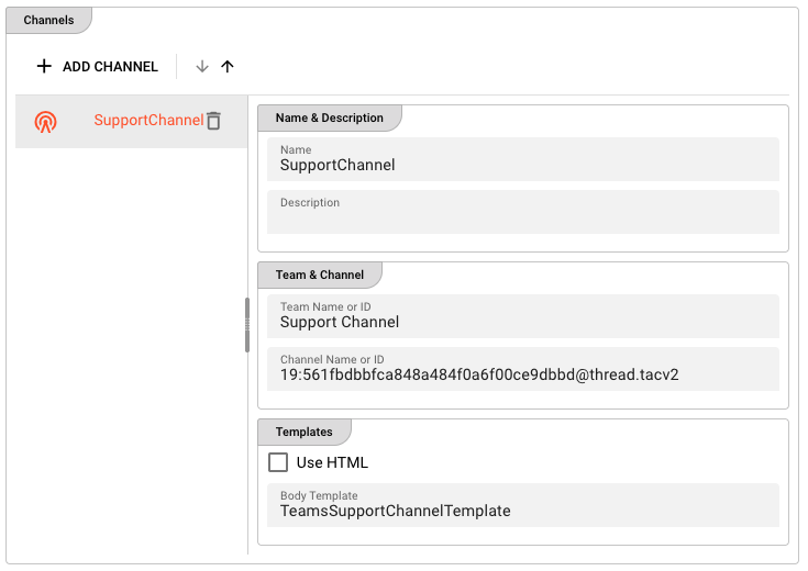 Teams target Channels section showing SupportChannel with team and channel identifiers