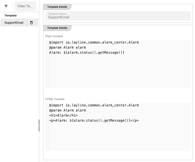 Templates tab showing the SupportEmail template with Plain Content and HTML Content editors
