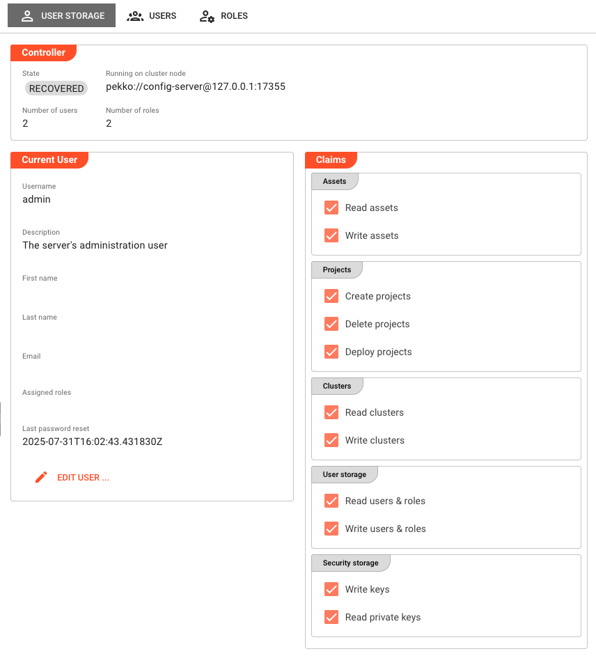 Settings > User Storage tab showing the Controller state and Current User profile with Claims