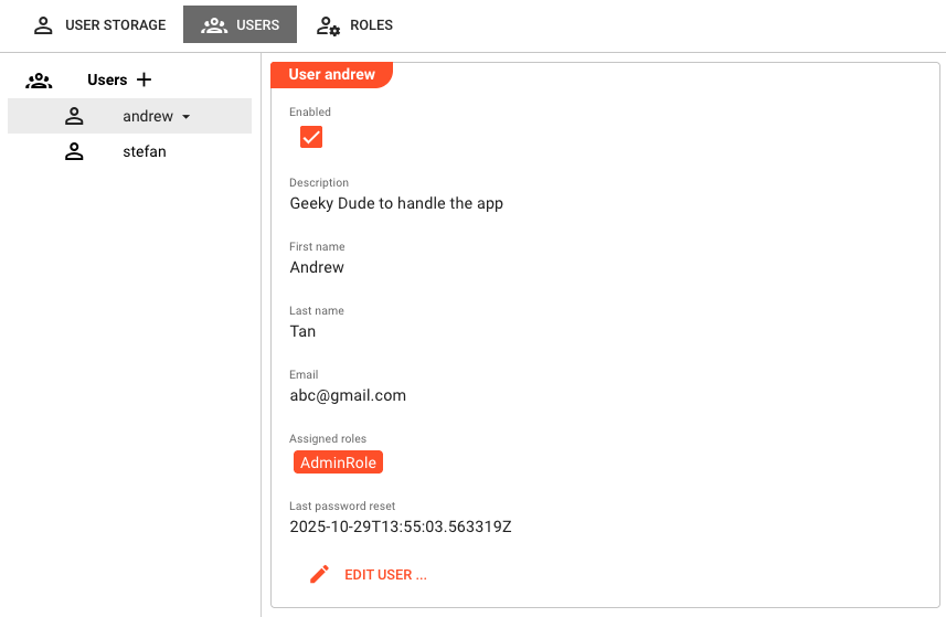 Settings > Users tab showing the user list on the left and selected user details on the right