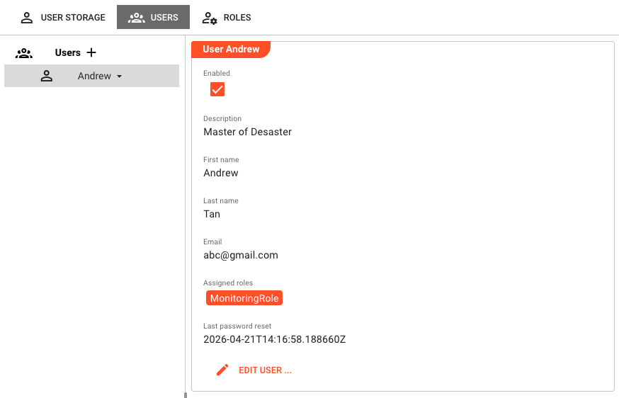 Users tab with a user selected, showing the detail panel on the right