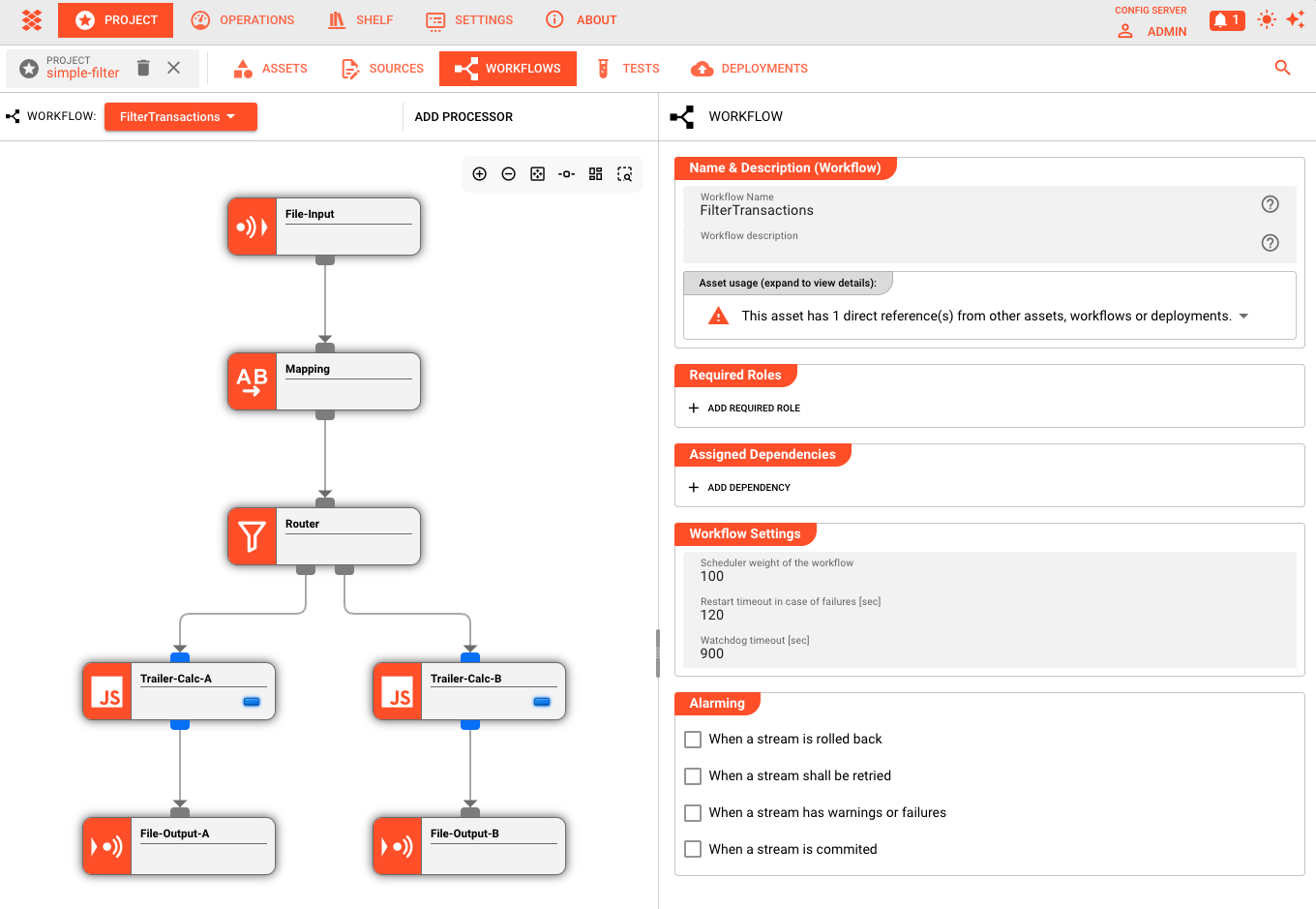 Workflow Editor showing the canvas with connected processors and the right-side configuration panel
